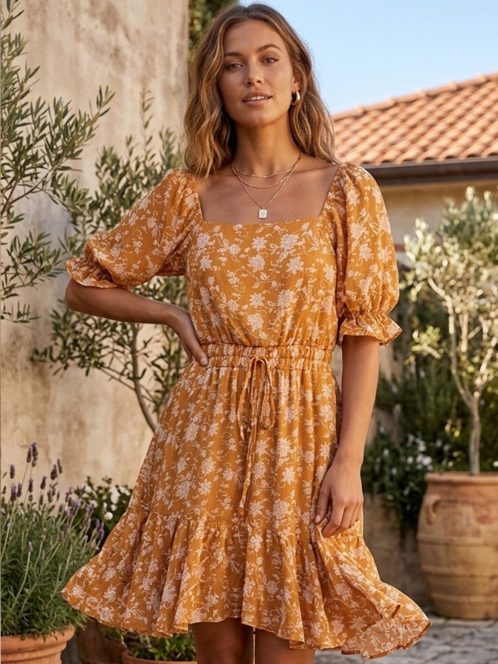 Floral Orange Dress with Puff Sleeves